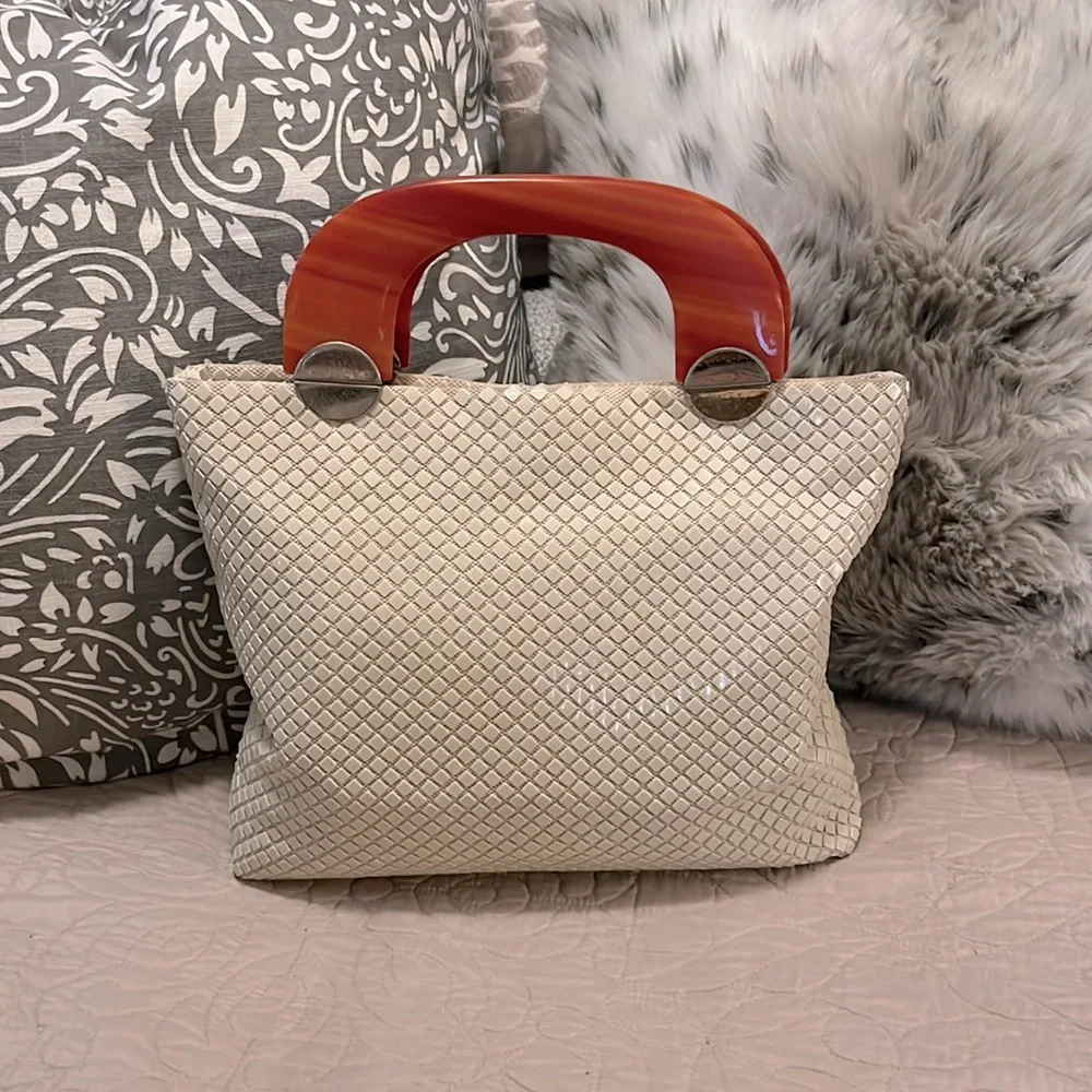 Vintage Lumured Women’s Mesh Clutch Satchel Lucite Handle Tote Bag Purse